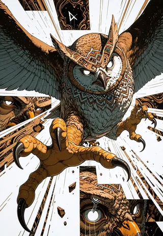 Dynamic illustration of an owl with open talons, featuring Aztec patterns on its head and body, set against a fragmented checkerboard background with motion lines.