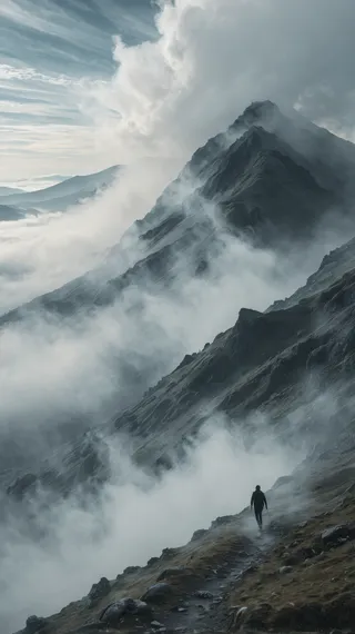 A lone figure walking along a rugged mountain edge surrounded by clouds of mist and smoke, creating a dreamlike and ethereal landscape.