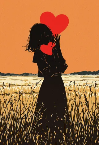 Silhouette of a girl holding two red hearts against an orange sky, standing in a field of tall grass with a stylized graphic aesthetic