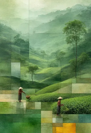 A serene Indian tea plantation on rolling green hills, depicted in a Cubist stained-glass style with geometric blocks and two workers harvesting tea leaves.