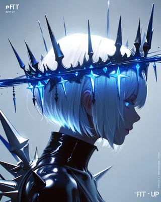 Profile view of a futuristic character with short white hair, wearing a black shiny outfit and a spiked metallic crown glowing with blue light.