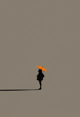 Minimalist silhouette of a girl holding a bright orange umbrella casting a long shadow on a plain background with high contrast and bold outlines.