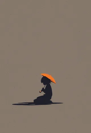 Silhouette of a girl kneeling while holding an orange umbrella against a plain muted background with intense shadow and high contrast.