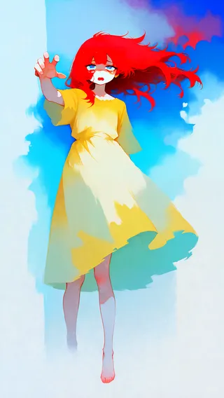 Stylized illustration of a barefoot red-haired girl in a flowing yellow dress reaching out with an emotional distressed expression, standing against an abstract blue and colorful stormy background.