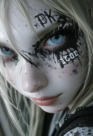 Close-up portrait of a woman with striking blue eyes and platinum blonde hair, detailed black and white face paint resembling a horror character, soft lighting, realistic textures.