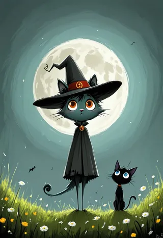Black cat with enormous amber eyes wearing a tall wizard hat and cloak, standing on grassy field with yellow and white flowers under a glowing full moon, Tim Burton style digital painting.