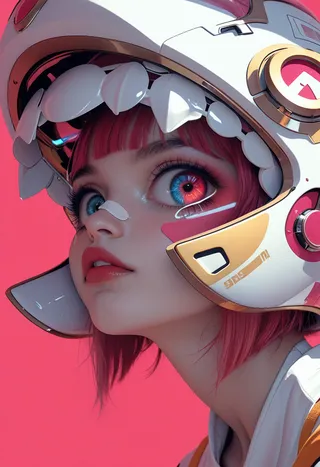 Close-up digital illustration of a young woman with pink hair and heterochromia eyes wearing a white and gold futuristic helmet against a solid pink background.