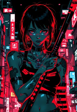 Cyberpunk girl with short messy hair, cybernetic implants, and glowing tattoos holding a crimson neon katana in a dark futuristic neon-lit city backdrop.