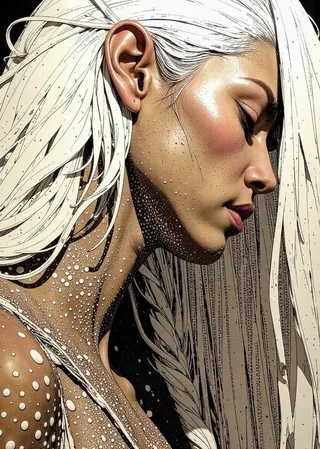 Side profile digital illustration of a bioengineered woman with long white hair, detailed skin texture, and a dark, mysterious background with rough textures.