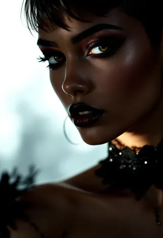 Close-up portrait of a young Moroccan woman with bronze skin and short hair, wearing bold gothic makeup, a lace choker, and dramatic lighting highlighting her face.