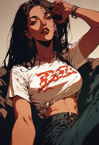 Digital portrait of a mature woman with long dark hair, wearing a white t-shirt with red print, taking a selfie in a confident pose.