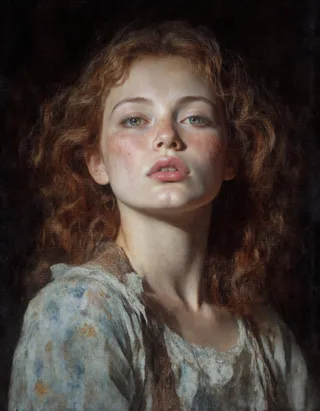 Realistic digital portrait of a red-haired young woman with freckled pale skin and long wavy hair, softly lit against a dark background in Da Vinci style.