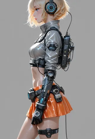 Side profile of a futuristic female character with short blonde hair wearing a grey high-collar jacket, orange skirt, black mechanical arm, and headphones against a plain grey background.
