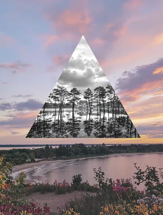 Surreal landscape featuring a large black-and-white triangle of trees and buildings reflected in a lake, contrasting with a colorful sunset shoreline with flowers and greenery.