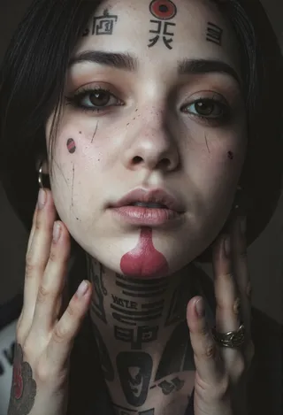 Close-up portrait of a young woman with yakuza-style tattoos on her chin and jaw, mystical facial markings, and soft ethereal lighting emphasizing delicate skin and intense eyes.