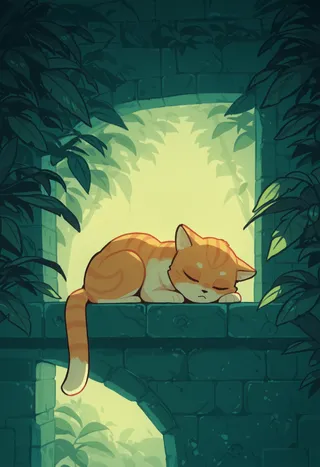 An orange-striped cat sleeping peacefully on a stone wall surrounded by lush green leaves and natural light.
