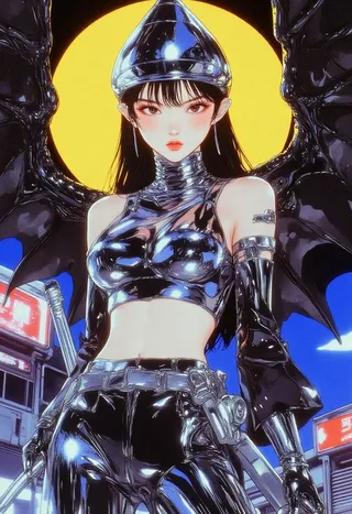Stylized futuristic female character wearing reflective chrome armor, standing confidently against a vibrant neon city background with dark wing-like shapes and a large yellow circle behind her.