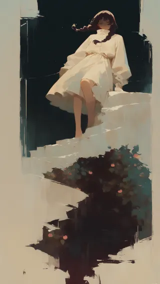 A stylized portrait of a girl wearing a white dress with long sleeves and a high collar, standing on a white staircase with dark background and flowers below.