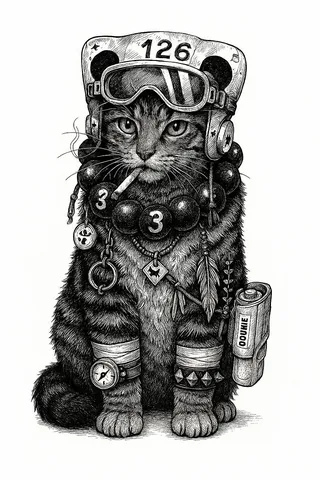 Black-and-white ink sketch of a realistic cat wearing a sci-fi helmet numbered 126, oversized prayer beads, reflective goggles, and various tribal and cyberpunk accessories.