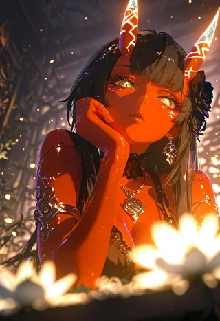 A red-skinned Aka-Oni girl with straight glowing horns wearing intricate jewelry and gothic makeup, illuminated by volumetric lighting with an intricate blurred background.