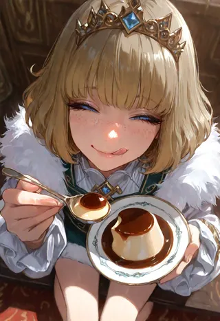 Close-up of a cute femboy prince with short blonde bob cut and freckles, wearing a golden tiara and blue eyes, licking lips while holding a spoonful of pudding dessert.