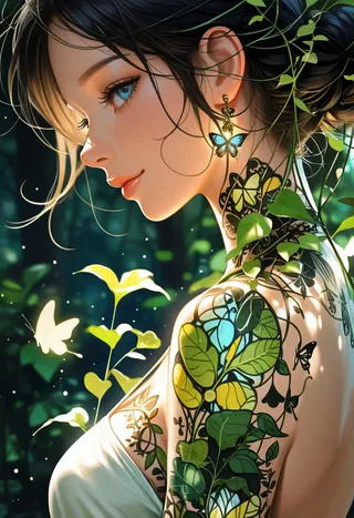 Photorealistic close-up profile of a young woman with blue eyes and black hair styled in a loose bun, featuring a detailed plant and butterfly tattoo on her shoulder and vibrant butterfly earrings, set against a blurred forest background with glowing light.