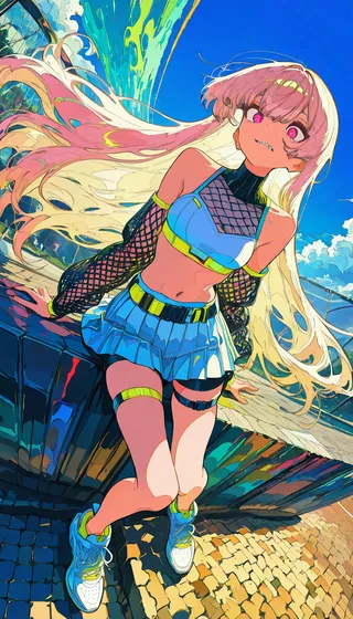 An anime blonde girl with very long multicolored hair wearing a white crop top with black fishnet sleeves, a pleated white tennis skirt with yellow accents, and white sneakers, depicted in a dynamic fisheye close-up from above with bright blue sky and colorful background.