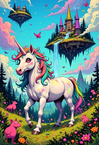 A majestic unicorn with a colorful rainbow mane stands on a vibrant meadow filled with wildflowers and pink fantastical creatures, with floating islands and a fantasy castle with waterfalls in the background under a bright blue sky.