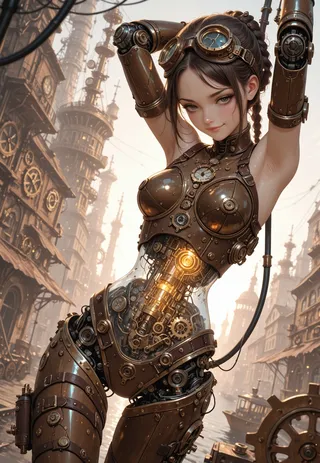 Steampunk female cyborg with brown leather and brass armor, transparent clockwork stomach showing gears, braided hair and goggles on head in an airship city background.
