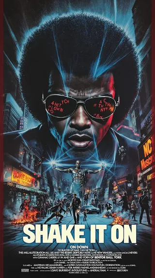 1970s blaxploitation action film cover art featuring a cool black action hero wearing reflective sunglasses with city lights, dynamic urban street action scenes in 1970s Harlem, New York.