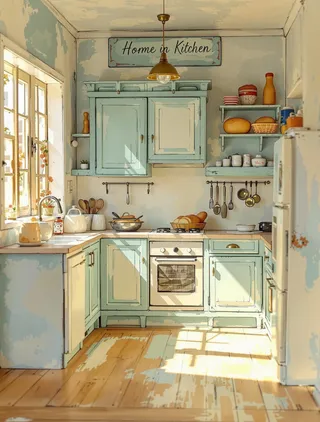 A warm, softly lit dollhouse kitchen featuring mint-colored vintage cabinets, bread loaves in baskets, and subtle gouache textures in buttercream and mint tones.