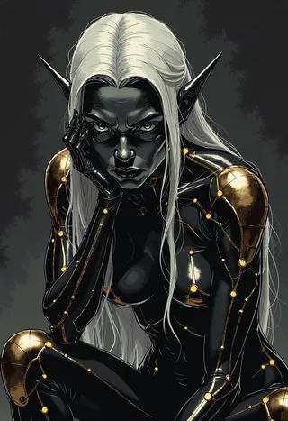 A dark elf female with matte black skin and white hair sitting thoughtfully, wearing a black bodysuit decorated with bronze circuit-like patterns and glowing orbs, set against a dark background.