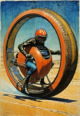 Artwork of a retrofuturist monowheel racer wearing a vintage orange helmet and leather jacket, riding an orange single-wheel vehicle across a desert landscape, in the style of a collagraph by William Wray.