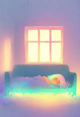 A peaceful scene of a mature woman sleeping on a couch in a cozy room with soft sunlight coming through a window, her multicolored, flowing hair spreading over the pillow in a watercolor effect style.