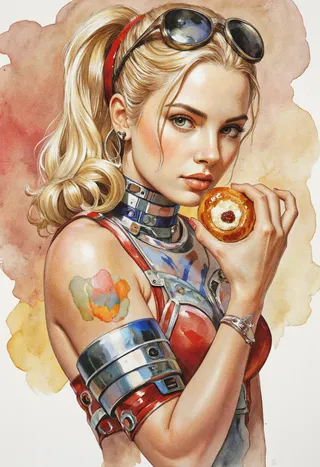 Watercolor painting of a cyberpunk woman with blonde ponytail and metallic armor, holding a kolache pastry close to her face.