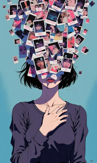 A surreal anime-style portrait of a young person with short dark hair covered by an overflowing collage of vivid Polaroid photographs against a muted blue background.