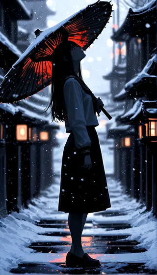A girl in a school uniform holding an oil-paper umbrella stands in a snowy Japanese street at night, illuminated by warm lantern light and cinematic lighting.