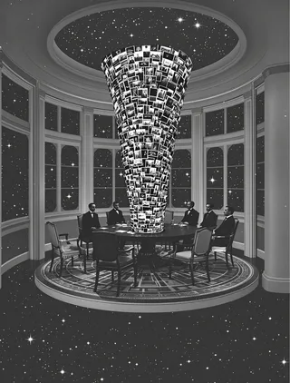 Black-and-white image of a 19th-century salon floating in space with walls opening to stars, a circular table surrounded by identical men in suits seated symmetrically, and a tornado of black-and-white photographs spiraling upwards from the table.