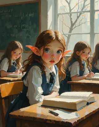 Oil painting of a young elf girl with large eyes and pointed ears sitting at a school desk in a classroom filled with sunlight.