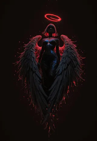 Silhouetted angel with large wings and a glowing red neon halo against a dark space background in flat design style.