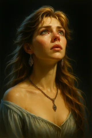 A fantasy portrait of a woman with honey-blonde hair and emerald eyes, looking upwards with a tear on her cheek, wearing ornate silver earrings and a necklace, illuminated by dramatic chiaroscuro lighting.
