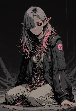 A seated elf girl with two-tone dark grey and pink long disheveled hair covering one eye, pink eyes with black sclera, wearing a black jacket with shoulder armor and a grey shirt, showing a cybernetic and contorted body under a horror atmosphere.