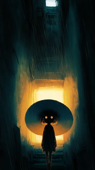 A mysterious swordsman standing in a rainy alley under a wide-brimmed hat, illuminated from behind with warm rim highlights and a dark, sketch-like silhouette.