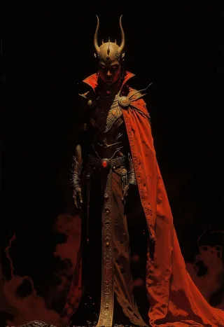 An androgynous figure stands confident wearing regal armor and a flowing crimson cape, crowned with large golden antler-like horns, illuminated by dramatic focused lighting against a deep black background.