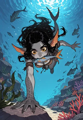 A stylized underwater scene featuring a sea lion girl with golden eyes, black hair, aquatic ears, webbed fingers, and a tribal outfit, swimming towards the viewer with a fish in her mouth.