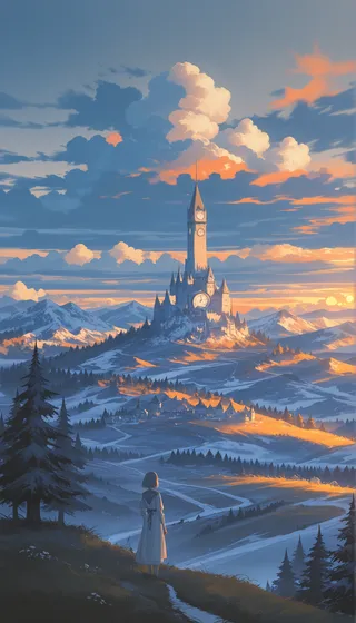 A solitary girl in a white dress stands on a hill overlooking a majestic castle with a tall clock tower, surrounded by mountains and bathed in warm sunset light.