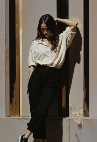 A woman standing against a wall with bold black-and-white vertical stripes, wearing a loose-fitting white button-up shirt and black high-waisted pants, softly lit with a serene expression.