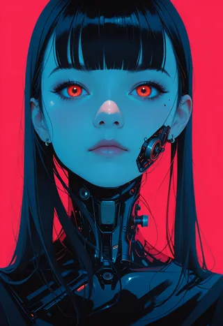 Photorealistic portrait of a futuristic cyberpunk female android with blue skin, striking red eyes, black hair with blunt bangs, and mechanical components on her neck and cheek against a vibrant red background.