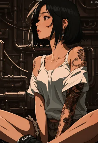 Artwork of a young woman with short black hair and detailed tattoos sitting cross-legged in a dark industrial setting, wearing a white off-shoulder shirt and shorts.