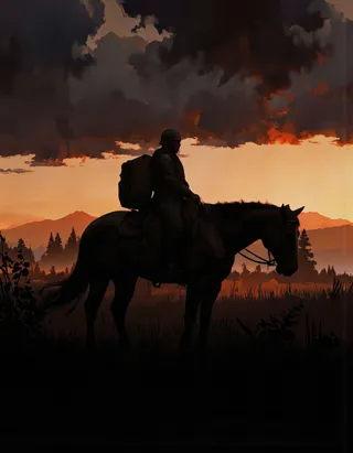 Silhouette of a knight wearing a helmet and carrying a large backpack, sitting on horseback against a dramatic sunset with dark clouds and distant mountains.